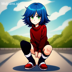 Size: 512x512 | Tagged: safe, ai art, artist:mobians.ai, sonic the hedgehog, human, asymmetrical legwear, blue hair, green eyes, humanized, loose socks, male, shoes, shorts, single thighhigh, sweater