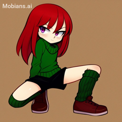 Size: 512x512 | Tagged: safe, ai art, artist:mobians.ai, knuckles the echidna, human, asymmetrical legwear, humanized, male, purple eyes, red hair, shoes, shorts, single loose sock, single over-kneehigh, sweater