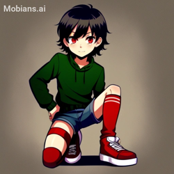 Size: 512x512 | Tagged: safe, ai art, artist:mobians.ai, shadow the hedgehog, human, asymmetrical legwear, black hair, humanized, male, red eyes, shoes, shorts, single kneehigh, single thighhigh, solo, sweater