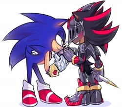 Size: 1672x1465 | Tagged: safe, artist:_rotshi_, shadow the hedgehog, sonic the hedgehog, 2024, bending over, blushing, duo, gay, heart, holding something, kiss on hand, knight armor, shadow (lighting), shadow x sonic, shipping, simple background, sir lancelot, smile, standing, white background