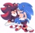 Size: 1620x1569 | Tagged: safe, artist:angellobo534, shadow the hedgehog, sonic the hedgehog, 2024, duo, gay, lidded eyes, looking at each other, one eye closed, outline, shadow x sonic, shipping, signature, simple background, sitting, sitting on them, smile, white background