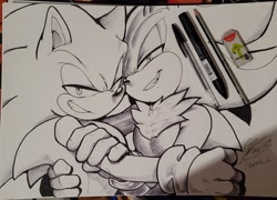 Size: 2048x1476 | Tagged: safe, artist:fsonic3, shadow the hedgehog, sonic the hedgehog, 2024, duo, gay, holding each other, lidded eyes, line art, looking at viewer, pen, penwork, shadow x sonic, shipping, signature, smirk, traditional media