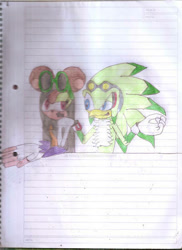 Size: 400x550 | Tagged: safe, artist:thunder-the-mouse, jet the hawk, oc, oc:thunder dark the hedgemouse, traditional media