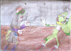 Size: 400x290 | Tagged: safe, artist:thunder-the-mouse, jet the hawk, oc, oc:thunder dark the hedgemouse, traditional media