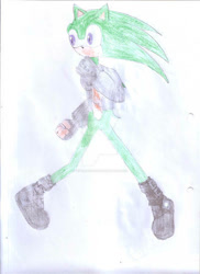 Size: 400x550 | Tagged: safe, artist:thunder-the-mouse, scourge the hedgehog, hedgehog, blue eyes, boots, fingerless gloves, green fur, jacket, male, traditional media