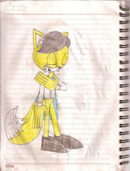 Size: 400x525 | Tagged: safe, artist:thunder-the-mouse, miles (anti-mobius), fox, cape, male, shirt, shoes, traditional media, yellow fur