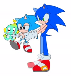 Size: 1924x2048 | Tagged: safe, artist:tamjeong_sonic, sonic the hedgehog, chao, classic sonic, holding them, neutral chao, self paradox, simple background, trio, white background