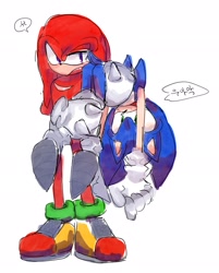 Size: 1646x2048 | Tagged: safe, artist:tamjeong_sonic, knuckles the echidna, sonic the hedgehog, carrying them, duo, korean text, simple background, white background