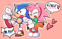 Size: 2048x1299 | Tagged: safe, artist:tamjeong_sonic, amy rose, sonic the hedgehog, amy x sonic, classic amy, classic sonic, duo, heart, pink background, shipping, simple background, speech bubble, straight