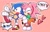 Size: 2048x1299 | Tagged: safe, artist:tamjeong_sonic, amy rose, sonic the hedgehog, amy x sonic, amy's schoolgirl outfit, classic amy, classic sonic, classic sonic (universe), clothes, duo, heart, pink background, shipping, simple background, skirt, speech bubble, straight