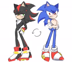 Size: 2048x1779 | Tagged: safe, artist:tamjeong_sonic, shadow the hedgehog, sonic the hedgehog, alternate eye color, duo, personality swap, simple background, white background