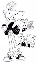 Size: 1207x2048 | Tagged: safe, artist:tamjeong_sonic, blaze the cat, silver the hedgehog, alternate outfit, cup, duo, greyscale, hand in pocket, monochrome, scarf, shipping, silvaze, straight