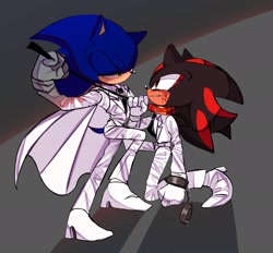 Size: 2224x2060 | Tagged: safe, artist:tamjeong_sonic, shadow the hedgehog, sonic the hedgehog, alternate outfit, collar, duo, gay, leash, shadow x sonic, shipping, suit