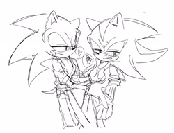 Size: 2048x1574 | Tagged: safe, artist:tamjeong_sonic, shadow the hedgehog, sonic the hedgehog, blushing, duo, gay, greyscale, heart, monochrome, shadow x sonic, shipping, sketch