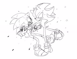 Size: 2048x1574 | Tagged: safe, artist:tamjeong_sonic, shadow the hedgehog, sonic the hedgehog, blood, blood on face, duo, gay, greyscale, holding hands, monochrome, shadow x sonic, shipping, smile