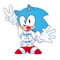 Size: 1280x1280 | Tagged: safe, artist:tamjeong_sonic, sonic the hedgehog, arm up, classic sonic, shirt, solo