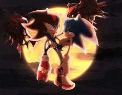 Size: 2245x1755 | Tagged: safe, artist:tamjeong_sonic, shadow the hedgehog, sonic the hedgehog, sonic x shadow generations, carrying them, clouds, duo, gay, one eye closed, outdoors, shadow x sonic, shipping, wings
