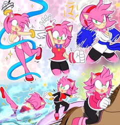 Size: 1962x2048 | Tagged: safe, artist:demilanchan, amy rose, hedgehog, bikini, busty amy, horse, medal, surfboard, surfing, swimming, swimsuit, water