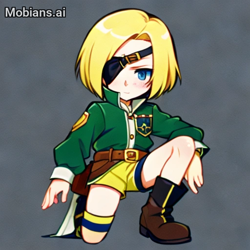 Size: 512x512 | Tagged: safe, ai art, artist:mobians.ai, human, asymmetrical legwear, belt, blue eyes, boots, eyepatch, humanized, jacket, male, patch d'coolette, shorts, single thighhigh, yellow hair