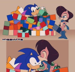 Size: 2392x2305 | Tagged: safe, artist:risziarts, sally acorn, sonic the hedgehog, christmas, mistletoe, present, shipping, sonally