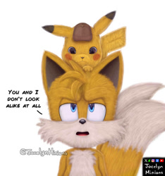 Size: 864x925 | Tagged: safe, artist:jocelynminions, miles "tails" prower, pikachu