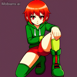 Size: 512x512 | Tagged: safe, ai art, artist:mobians.ai, gadget the wolf, human, asymmetrical footwear, asymmetrical legwear, boots, hoodie, humanized, male, red eyes, red hair, shorts, single boot, single kneehigh, single thigh boot