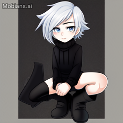 Size: 512x512 | Tagged: safe, ai art, artist:mobians.ai, infinite the jackal, human, asymmetrical footwear, blue eyes, boots, humanized, male, shorts, single boot, single thigh boot, sweater, white hair