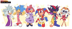 Size: 2048x845 | Tagged: safe, artist:galaxylover06, amy rose, barry the quokka, shadow the hedgehog, silver the hedgehog, sonic the hedgehog, tikal, echidna, hedgehog, alternate outfit, cosplay, dress, gangle (the amazing digital circus), gloves, group, jax (the amazing digital circus), jester outfit, kinger (the amazing digital circus), mask, overalls, pomni (the amazing digital circus), quokka, ragatha, robe, the amazing digital circus, zooble (the amazing digital circus)