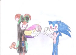 Size: 1048x762 | Tagged: safe, artist:thunder-the-mouse, sonic the hedgehog, oc, oc:thunder dark the hedgemouse, duo, traditional media