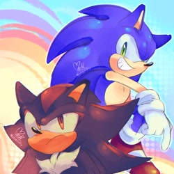 Size: 1024x1024 | Tagged: safe, artist:mokaturu_ma, shadow the hedgehog, sonic the hedgehog, duo, frown, gay, grin, shadow x sonic, shipping, smile