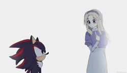 Size: 1626x940 | Tagged: safe, artist:smileandmiso, maria robotnik, shadow the hedgehog, human, duo, looking at each other