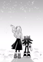 Size: 1422x2036 | Tagged: safe, artist:smileandmiso, maria robotnik, shadow the hedgehog, human, duo, from behind, greyscale, monochrome, shadow (lighting), snow, snowing