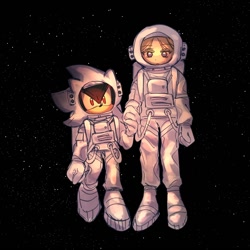 Size: 1500x1500 | Tagged: safe, artist:smileandmiso, maria robotnik, shadow the hedgehog, human, astronaut, duo, holding hands, space, spacesuit, star (sky)