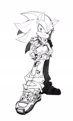 Size: 1248x2048 | Tagged: safe, artist:uopoh0102, shadow the hedgehog, alternate outfit, arms folded, full body, greyscale, jacket, monochrome, pants, simple background, solo, standing, white background