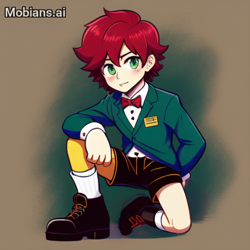 Size: 512x512 | Tagged: safe, ai art, artist:mobians.ai, barry the quokka, human, asymmetrical legwear, blazer, bowtie, crimson hair, green eyes, humanized, male, name tag, shirt, shoes, shorts, single leg pantyhose, socks