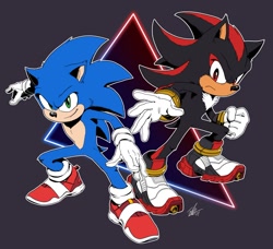 Size: 1123x1024 | Tagged: safe, artist:tyler mcgrath, shadow the hedgehog, sonic the hedgehog, hedgehog, black fur, blue fur, gloves, green eyes, male, red eyes, red fur, shoes, sneakers, socks