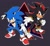 Size: 1123x1024 | Tagged: safe, artist:tyler mcgrath, shadow the hedgehog, sonic the hedgehog, hedgehog, black fur, blue fur, duo, gloves, green eyes, male, red eyes, red fur, shoes, sneakers, socks