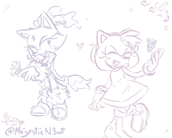 Size: 1276x1020 | Tagged: safe, artist:majesticn3wt, amy rose, blaze the cat, 2024, amy x blaze, amybetes, blazebetes, cute, duo, flower, heart, lesbian, line art, shipping, signature, simple background, smile, white background