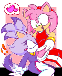 Size: 1680x2048 | Tagged: safe, artist:exactlyandrogynoussalad, amy rose, blaze the cat, 2024, abstract background, amy x blaze, cute, duo, exclamation mark, heart, lesbian, looking at each other, shipping, sitting, smile