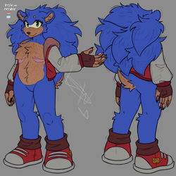 Size: 1280x1280 | Tagged: safe, artist:lilaclynbo, sonic the hedgehog, claws, fingerless gloves, freckles, grey background, jacket, looking at viewer, pansexual, pawpads, reference sheet, signature, simple background, smile, solo, standing, top surgery scars, trans boy sonic, trans male, transgender