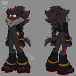 Size: 1280x1280 | Tagged: safe, artist:lilaclynbo, shadow the hedgehog, boots, demiboy, frown, gay, grey background, jacket, looking at viewer, signature, simple background, solo, standing, top surgery scars, trans male, transgender