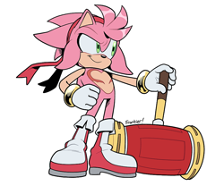 Size: 922x768 | Tagged: safe, artist:superscourge, amy rose, oc, oc:aim the hedgehog, looking offscreen, piko piko hammer, signature, simple background, smile, solo, standing, top surgery scars, trans boy sonic, trans male, transgender, white background