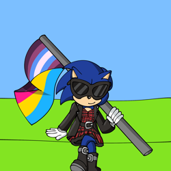 Size: 2048x2048 | Tagged: safe, artist:amf-studios, sonic the hedgehog, abstract background, biker jacket, boots, clothes, daytime, dress, flag, gender nonconforming, gender nonconforming pride, holding something, jacket, leather jacket, outdoors, pansexual, pansexual pride, pride, pride flag, sitting, smile, solo, sunglasses