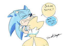 Size: 2048x1462 | Tagged: safe, artist:star-stages, miles "tails" prower, sonic the hedgehog, cute, dialogue, duo, english text, gay, hugging, shipping, signature, simple background, sonic x tails, speech bubble, white background