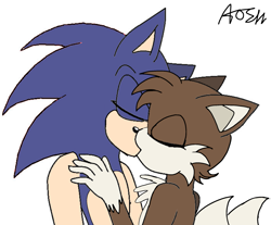 Size: 2013x1668 | Tagged: safe, artist:aoi-sen, miles "tails" prower, sonic the hedgehog, adventures of sonic the hedgehog, 2024, base used, blue fur, brown fur, duo, eyes closed, flat colors, gay, gloves off, holding them, kiss, mobius.social exclusive, ms paint, older, shipping, signature, simple background, sonic x tails, standing, white background