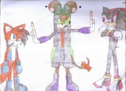 Size: 400x291 | Tagged: safe, artist:thunder-the-mouse, miles "tails" prower, shadow the hedgehog, oc, oc:thunder dark the hedgemouse, traditional media