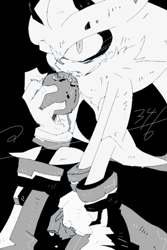 Size: 400x600 | Tagged: safe, artist:34_6, silver the hedgehog, apple, black background, eating, food, fruit, greyscale, holding something, monochrome, signature, simple background, solo