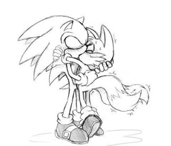 Size: 480x408 | Tagged: artist needed, source needed, safe, miles "tails" prower, sonic the hedgehog, blushing, duo, eyes closed, gay, holding each other, kiss, line art, monochrome, shipping, shivering, simple background, sonic x tails, standing, sweatdrop, white background