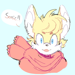 Size: 512x512 | Tagged: safe, artist:imqueerdeer, miles "tails" prower, 2017, :3, beanbrows, blue background, bust, dialogue, implied sonic, scarf, simple background, solo, speech bubble, tongue out