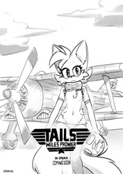 Size: 750x1060 | Tagged: safe, artist:sparkydb, miles "tails" prower, 2022, abstract background, character name, clouds, ear fluff, english text, eyelashes, femboy, frown, gloves, goggles, goggles around neck, helmet, holding something, long gloves, looking at viewer, monochrome, outdoors, panties, signature, solo, standing, tornado i